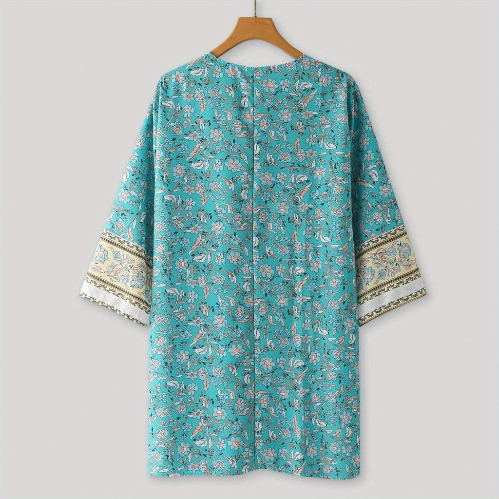 elveswallet  Floral Print Open Front Kimono, Boho Thin Cover Up Kimono For Spring & Summer, Women's Clothing