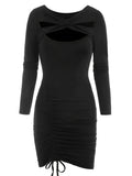 elveswallet  Cut Out Drawstring Dress, Party Wear Long Sleeve Bodycon Solid Dress, Women's Clothing