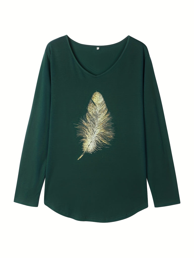 elveswallet  Plus Size Casual T-shirt, Women's Plus Feather Print Long Sleeve V Neck Slight Stretch Tee