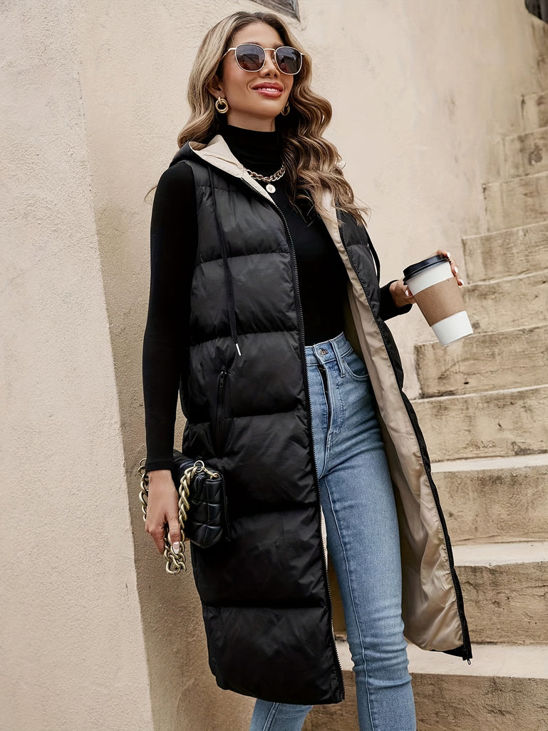 Hooded Sleeveless Coat, Casual Zipper Long Length Winter Outerwear, Women's Clothing