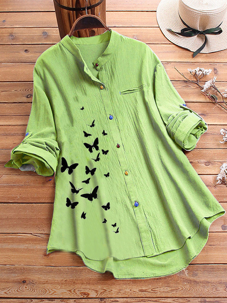 Elveswallet Butterfly Printed Short Sleeve Long Type Linen Shirts