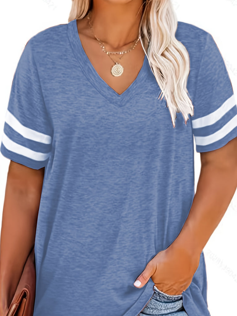 elveswallet  Plus Size Colorblock V Neck T-shirt, Women's Plus Slight Stretch Short Sleeve Casual Tee