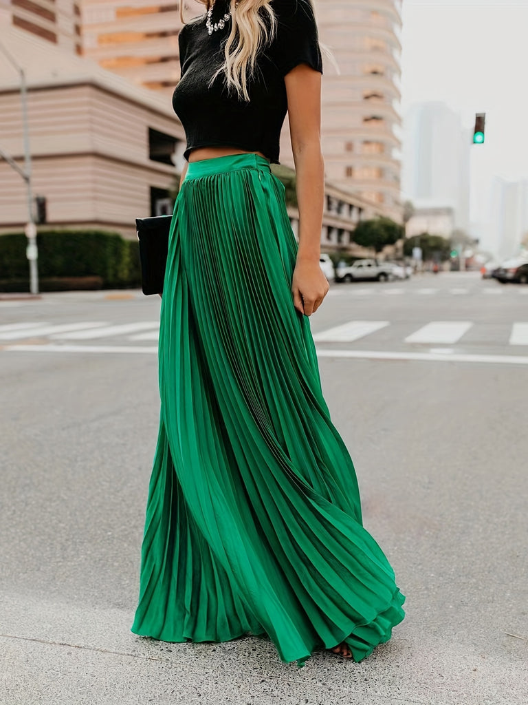 elveswallet  Solid Color Maxi Length Pleated Skirt, Elegant High Waist Skirt For Spring & Fall, Women's Clothing