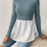 2 In 1 Ribbed Paneled Crew Neck T-Shirt, Casual Long Sleeve Top For Spring & Fall, Women's Clothing