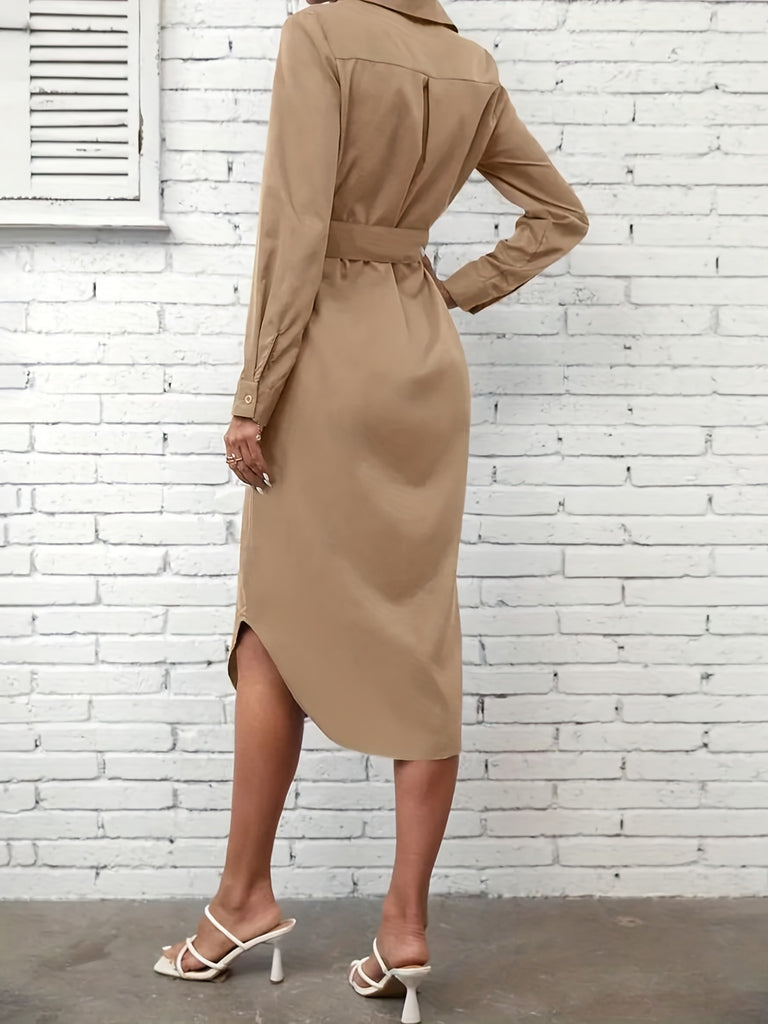 Button Front Cuff Sleeve Dress, Casual Belted Waist Shirt Dress For Spring & Fall, Women's Clothing