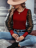 elveswallet  Solid Color Lace Patchwork Ballon Sleeve Ribbed Knit Tops, Elegant Everyday Blouse, Women's Clothing