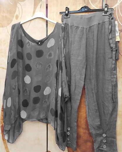 Loose Dot Print Crew Neck Two Piece Suit