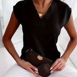 Elegant Solid V Neck Blouse, Short Sleeve Blouse For Spring & Summer, Women's Clothing