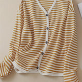 Striped Print V Neck Jacket, Casual Button Front Long Sleeve Outerwear, Women's Clothing