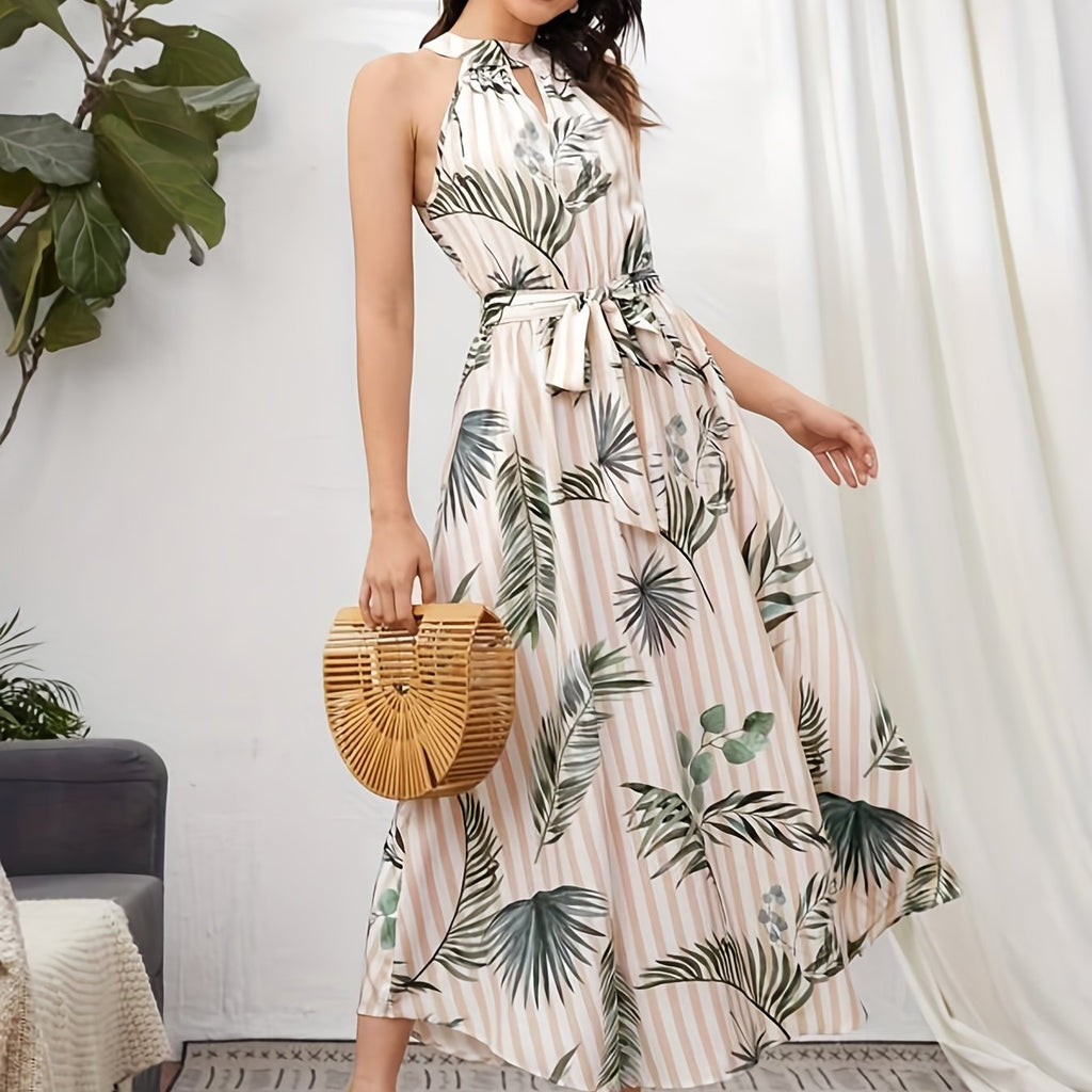 Striped & Leaf Print Halter Dress, Elegant Sleeveless Tie Waist Dress, Women's Clothing