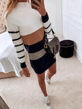elveswallet Plus Size Casual Sweater Dress, Women's Plus Colorblock Stripe Print Long Sleeve Mock Neck Mini Sweater Dress