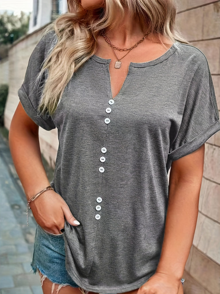 elveswallet  Plus Size Casual T-shirt, Women's Plus Plain Button Decor Short Sleeve Notched Neck Slight Stretch T-shirt