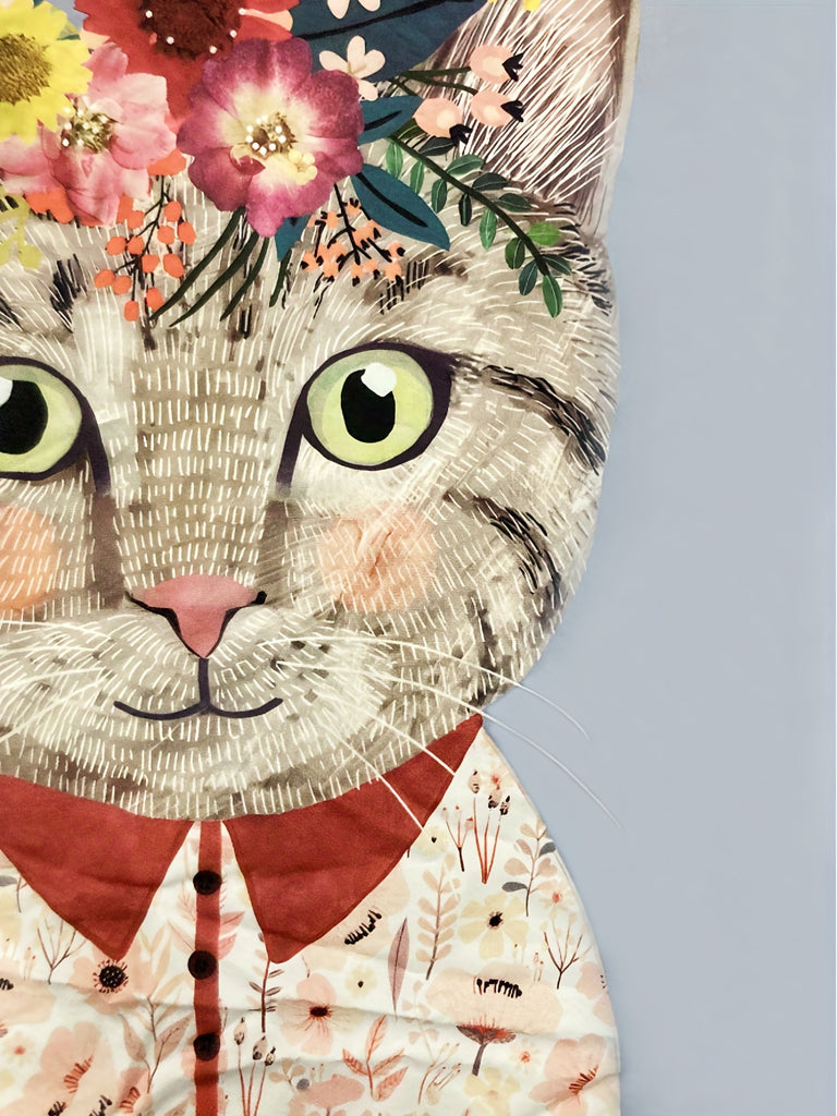 elveswallet  Plus Size Casual Blouse, Women's Plus Colorblock Cute Cat & Floral Print Button Up Long Sleeve Turn Down Collar Blouse