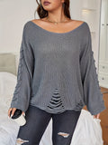 elveswallet  Plus Size Casual Sweater, Women's Plus Solid Jacquard Ripped Boat Neck Pull Over Sweater