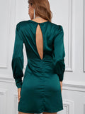 elveswallet  Solid V Neck Twist Long Sleeve Dress, Elegant Bodycon Party Mini Dress, Women's Clothing