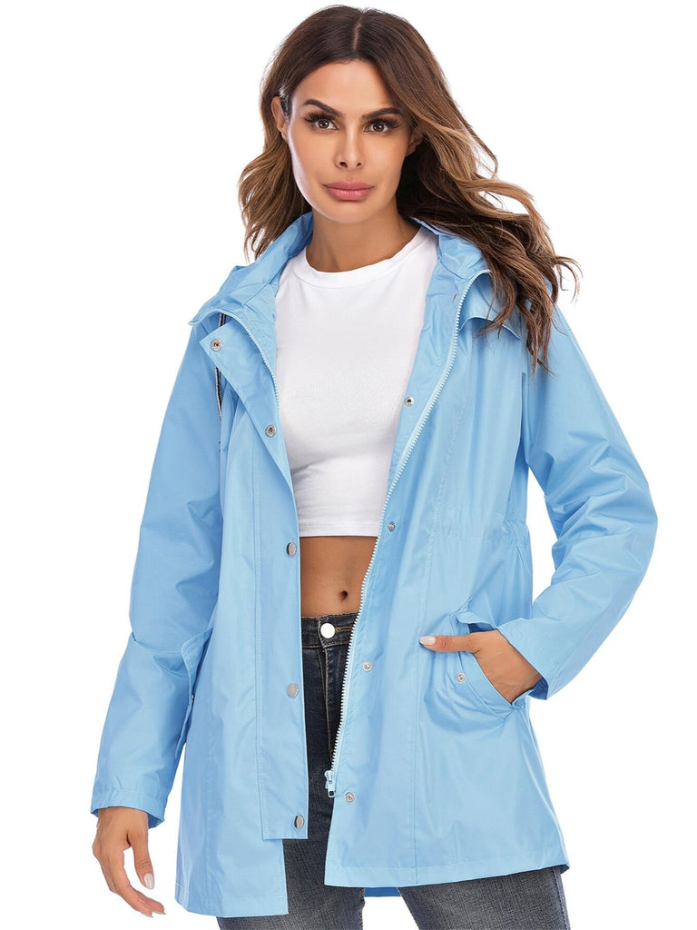 Women's Outerwear Mid-length Hooded Rainproof Zipper Raincoat Jacket Mid-length