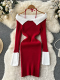 elveswallet  Contrast Trim Halter Neck Dress, Elegant Sweater Bodycon Dress For Spring & Fall, Women's Clothing