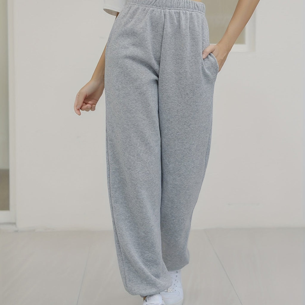 elveswallet  Slant Pockets Elastic Waist Sweatpants, Casual Elastic Bottom Solid Sweatpants For Fall & Winter, Women's Clothing