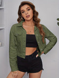 elveswallet  Army Green Lapel Denim Jackets, Long Sleeves Single-Breasted Button Denim Coats, Women's Denim Clothing