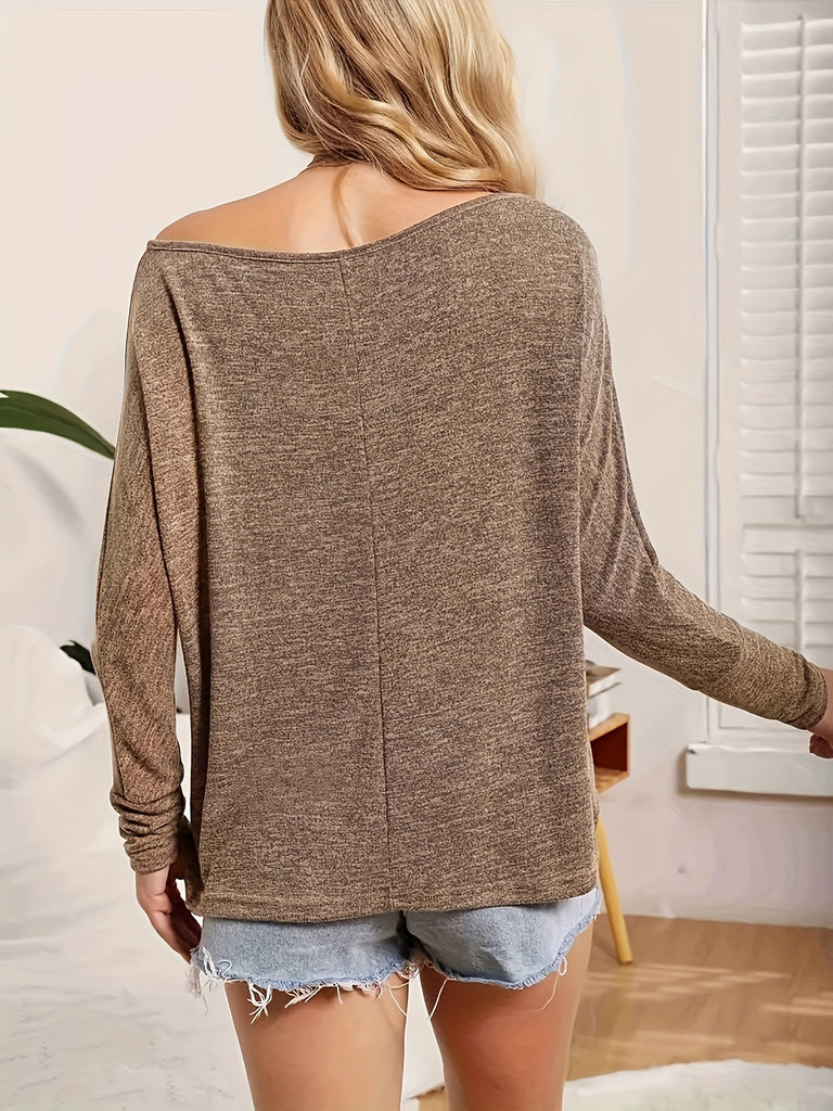 elveswallet  Solid One Shoulder T-shirt, Casual Long Sleeve T-shirt For Spring & Summer, Women's Clothing