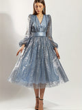 elveswallet  Puff Sleeve Lace Bronzing Bridesmaid Dress, Elegant V-neck Dress For Wedding Party, Women's Clothing