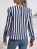 elveswallet  Casual Striped V-neck Blouses, Long Sleeve Button Down Fashion Loose Tops, Women's Clothing