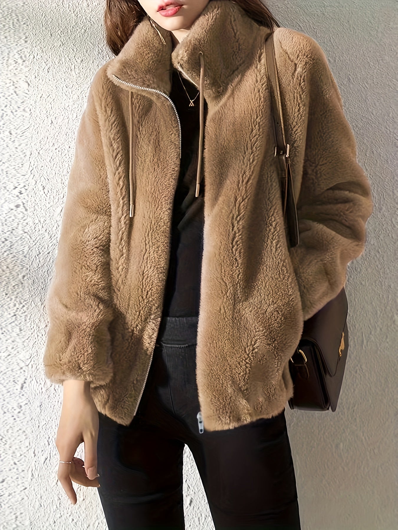 elveswallet Drawstring Zip Up Long Sleeve Teddy Coat