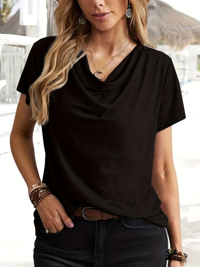 elveswallet  Cowl Neck Short Sleeve T-Shirt, Elegant Solid Casual Top For Summer & Spring, Women's Clothing