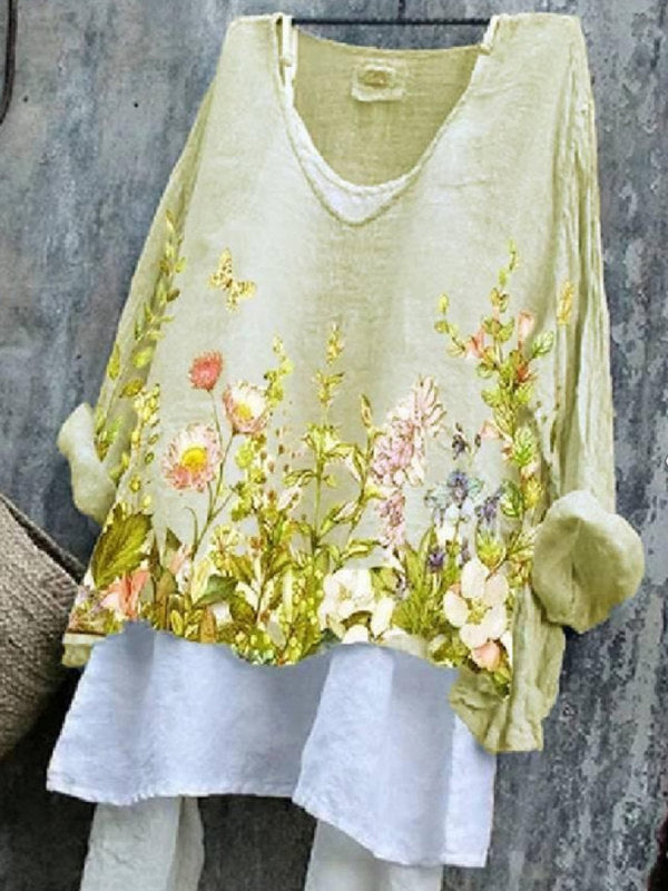 V-Neck Floral Print Casual Loose Fit Long Sleeve Blouse