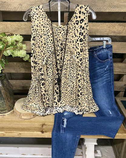 V-Neck Stitched Leopard Print Sleeveless Top