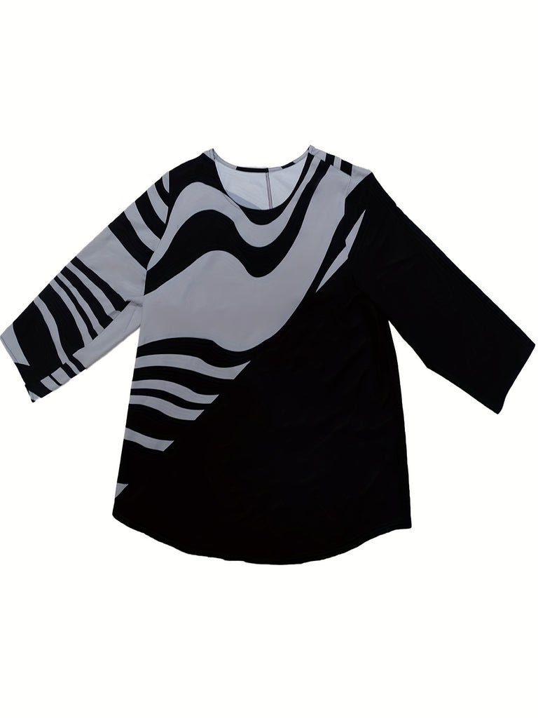 elveswallet  Plus Size Casual Blouse, Women's Plus Colorblock Striped Long Sleeve Round Neck T-shirt