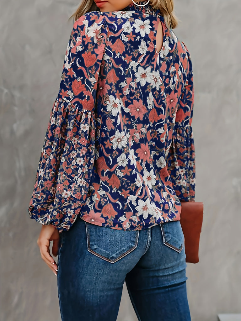elveswallet  Floral Print Lantern Sleeve Blouse, Casual Mock Neck Blouse For Spring & Fall, Women's Clothing