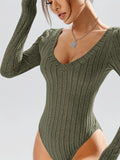 elveswallet  Solid V Neck Rib Knit Bodysuit, Casual Long Sleeve Slim Bodysuit, Women's Clothing