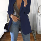 elveswallet  Solid Lapel Blazer, Casual Long Sleeve Open Front Work Office Outerwear, Women's Clothing