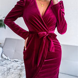 elveswallet  Solid V Neck Long Sleeve Tie Waist Evening Dress, Sexy Bag Hip Bag Hip Bodycon Party Dress, Women's Clothing