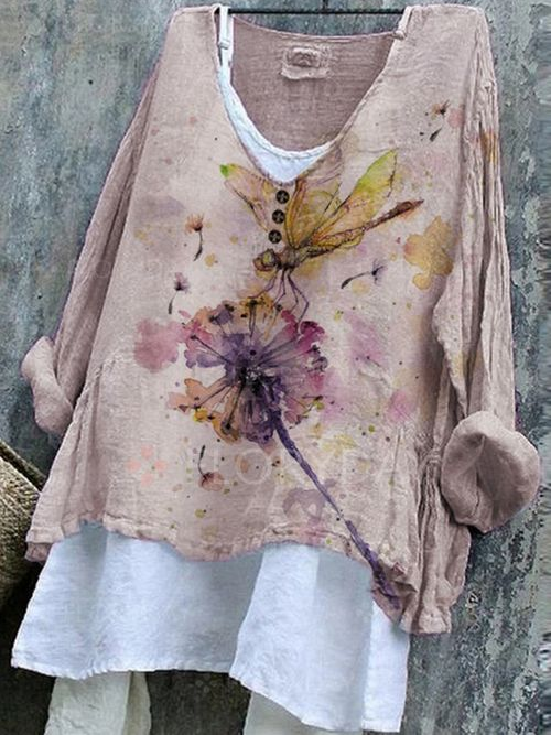 Elveswallet Dragonfly Printed Long Sleeve Casual Women's Top