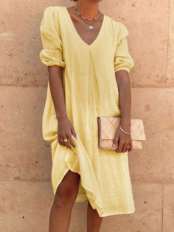 V-neck Casual Linen Shift Dress