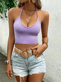 elveswallet  Slim Crop Halter Neck Top, Sexy Backless Halter Top For Summer, Women's Clothing