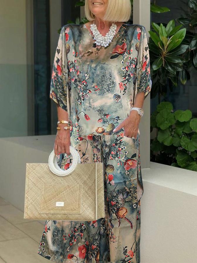 Floral Printing Ice Silk Retro Two-piece Suits