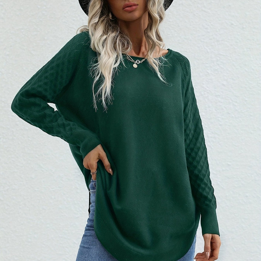 elveswallet  Solid Crew Neck Slit Pullover Sweater, Casual Long Sleeve Sweater For Spring & Fall, Women's Clothing
