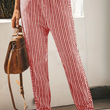 elveswallet  Striped Straight Leg Pants, Causal Drawstring High Waist Pants, Women's Clothing