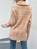 elveswallet  Plaid Pattern Turtleneck Knitted Pullover Top, Casual Long Sleeve Sweater For Fall & Winter, Women's Clothing