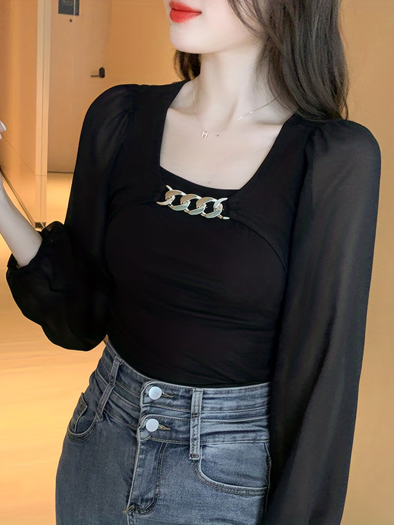 Puff Sleeve Square Neck T-Shirt, Solid Casual Top For Spring & Fall, Women's Clothing