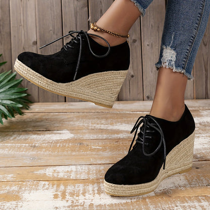 elveswallet Espadrilles Round Toe Lace Up Low-top Platform Wedges