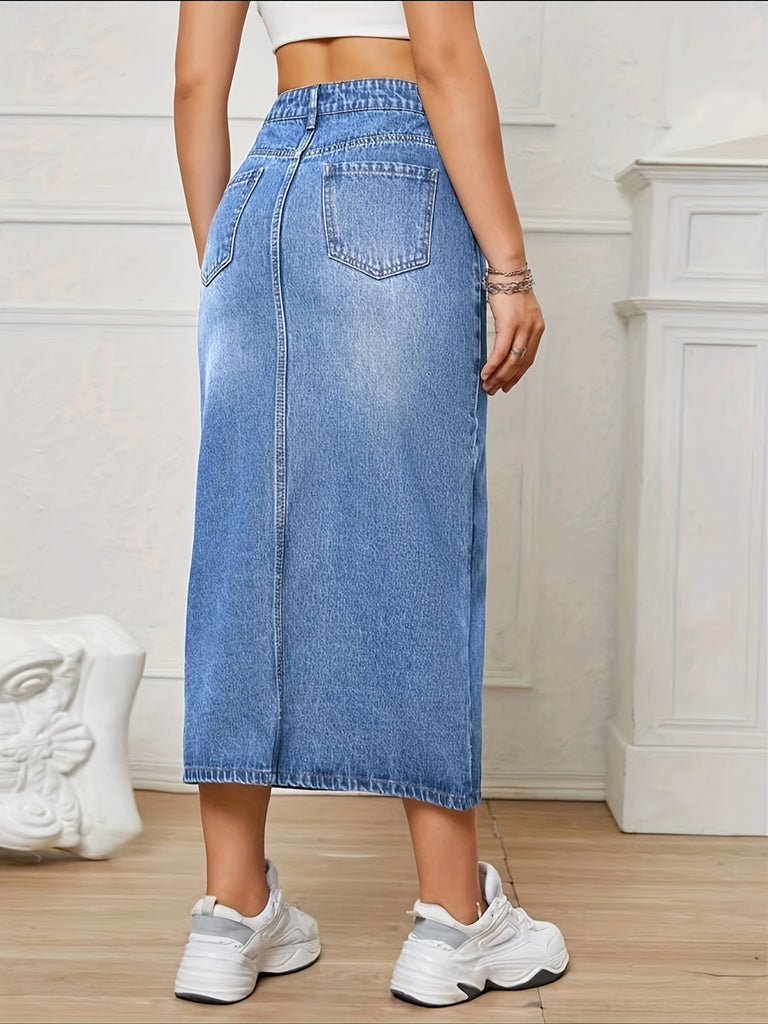 elveswallet  Blue Split Front Denim Skirt, Slant Pockets Non-Stretch Casual Denim Skirt, Women's Denim Clothing