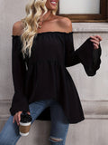 kkboxly  Dipped Hem Ruffle Trim Blouse, Casual Off Shoulder Solid Long Sleeve Blouse, Women's Clothing