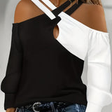 elveswallet  Plus Size Casual T-shirt, Women's Plus Colorblock Criss Cross Cut Out Cold Shoulder T-shirt