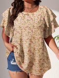 elveswallet  Plus Size Casual Blouse, Women's Plus Polka Dot Print Layered Sleeve Round Neck Oversized Blouse