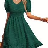 elveswallet  Short Sleeve Swiss Dot Dress, V Neck Casual Dress For Summer & Spring, Women's Clothing