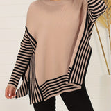 elveswallet  Plus Size Casual Sweater, Women's Plus Striped Pattern Batwing Sleeve Round Neck Split Hem Pullover Tunic Jumper